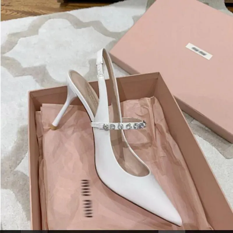 2024 New Crystal Sandals Women's Summer Temperament Nude Shoes Sexy Slingback Pointed Thin Heels Rhinestone High Heels White