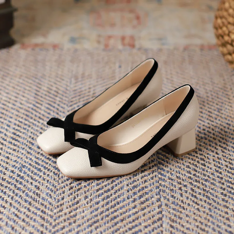 2025 5288-6  retro temperament single shoes women's spring 2025 new thick heels, light mouth bow high heels