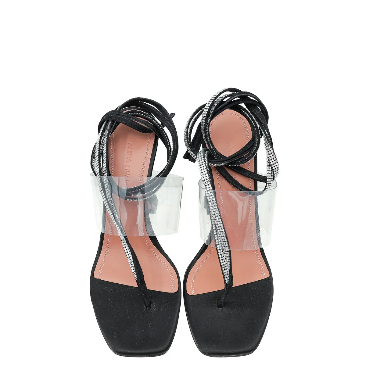 Amina Muaddi Black Zula Crystal Ankle Wrap Sandal 37.5