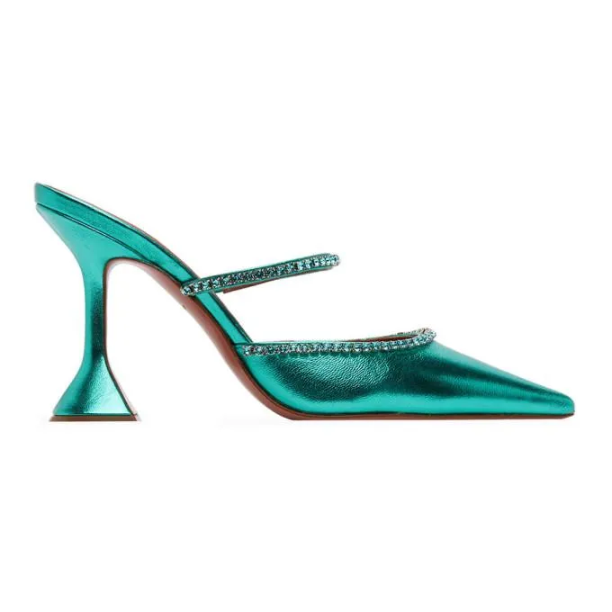 Amina Muaddi Blue Metallic Gilda Mules