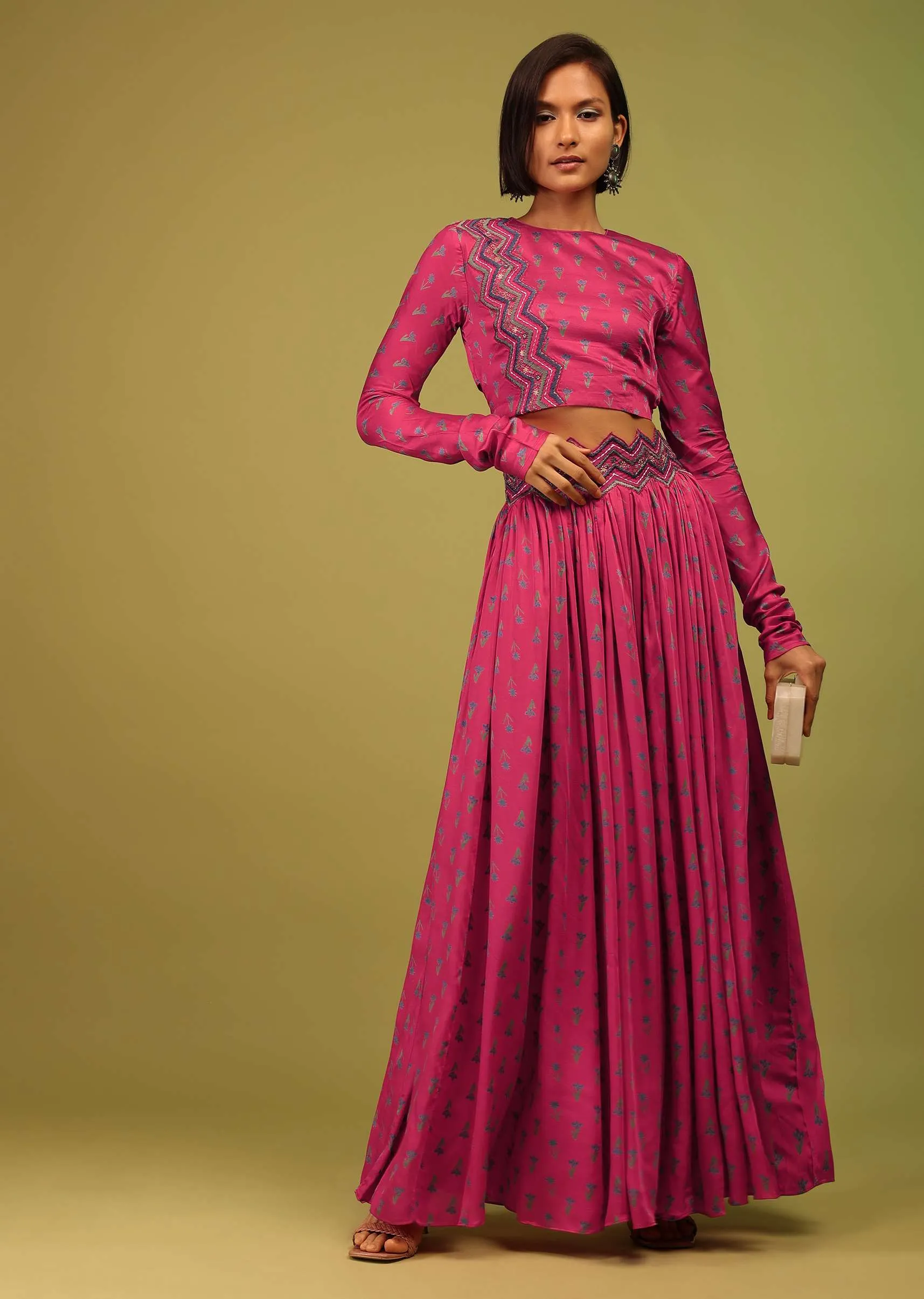 Azalea Pink Crop Top And Lehenga In Cotton Silk With Floral Print & Embroidery
