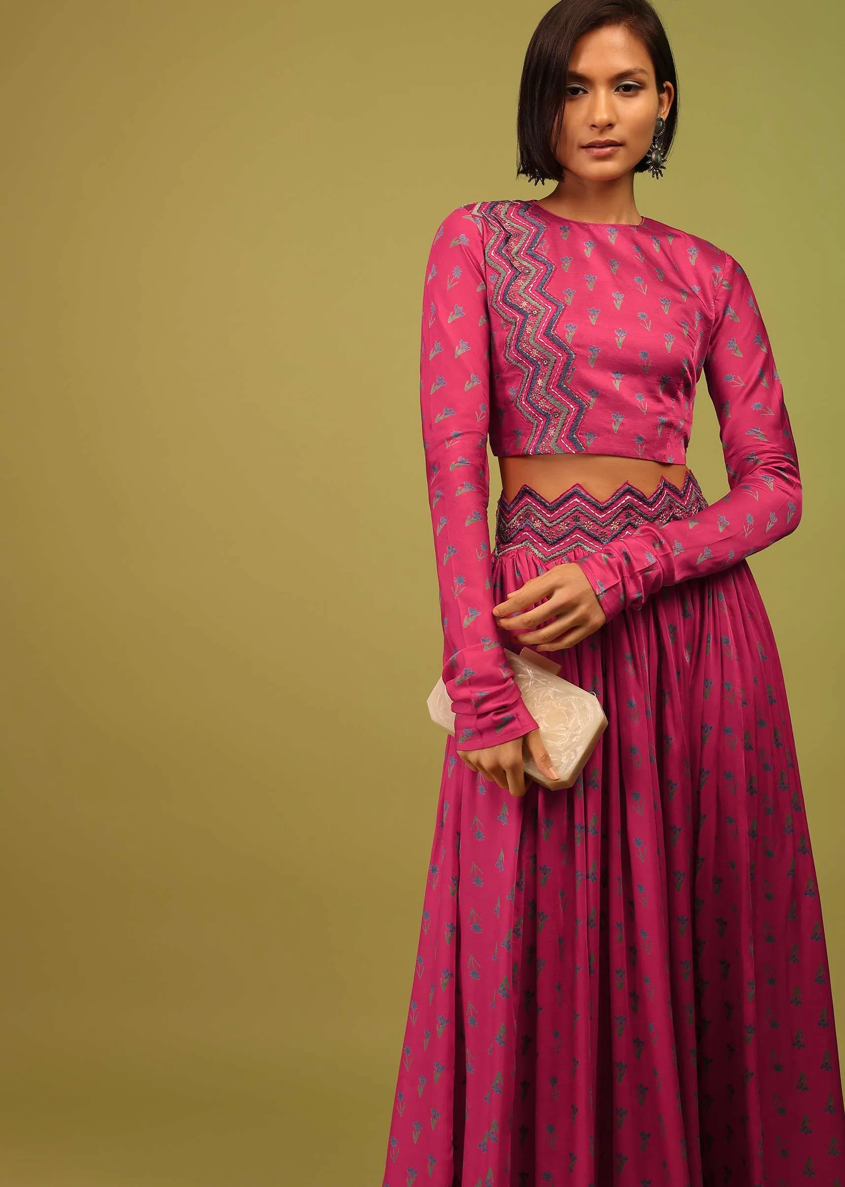 Azalea Pink Crop Top And Lehenga In Cotton Silk With Floral Print & Embroidery