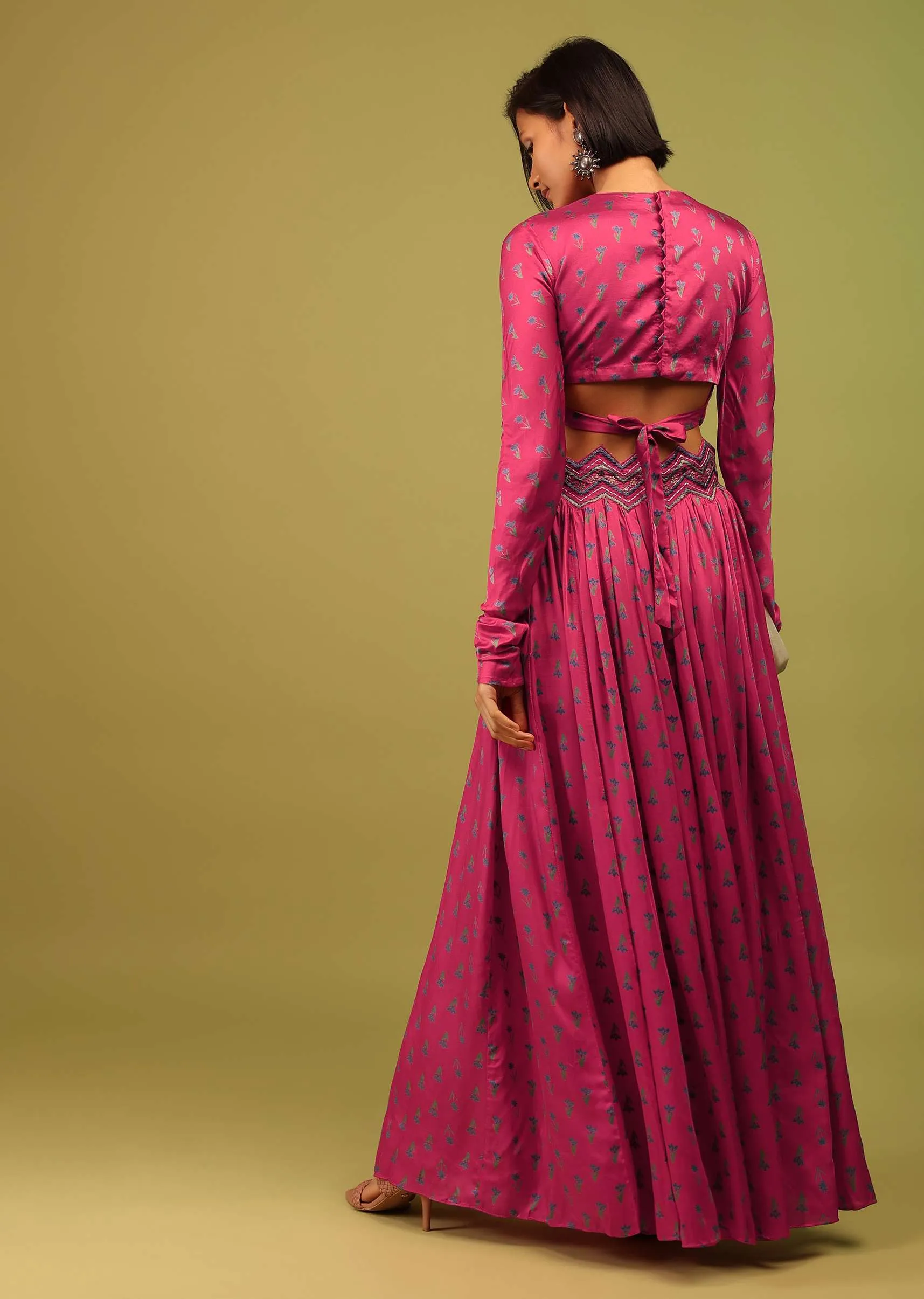Azalea Pink Crop Top And Lehenga In Cotton Silk With Floral Print & Embroidery