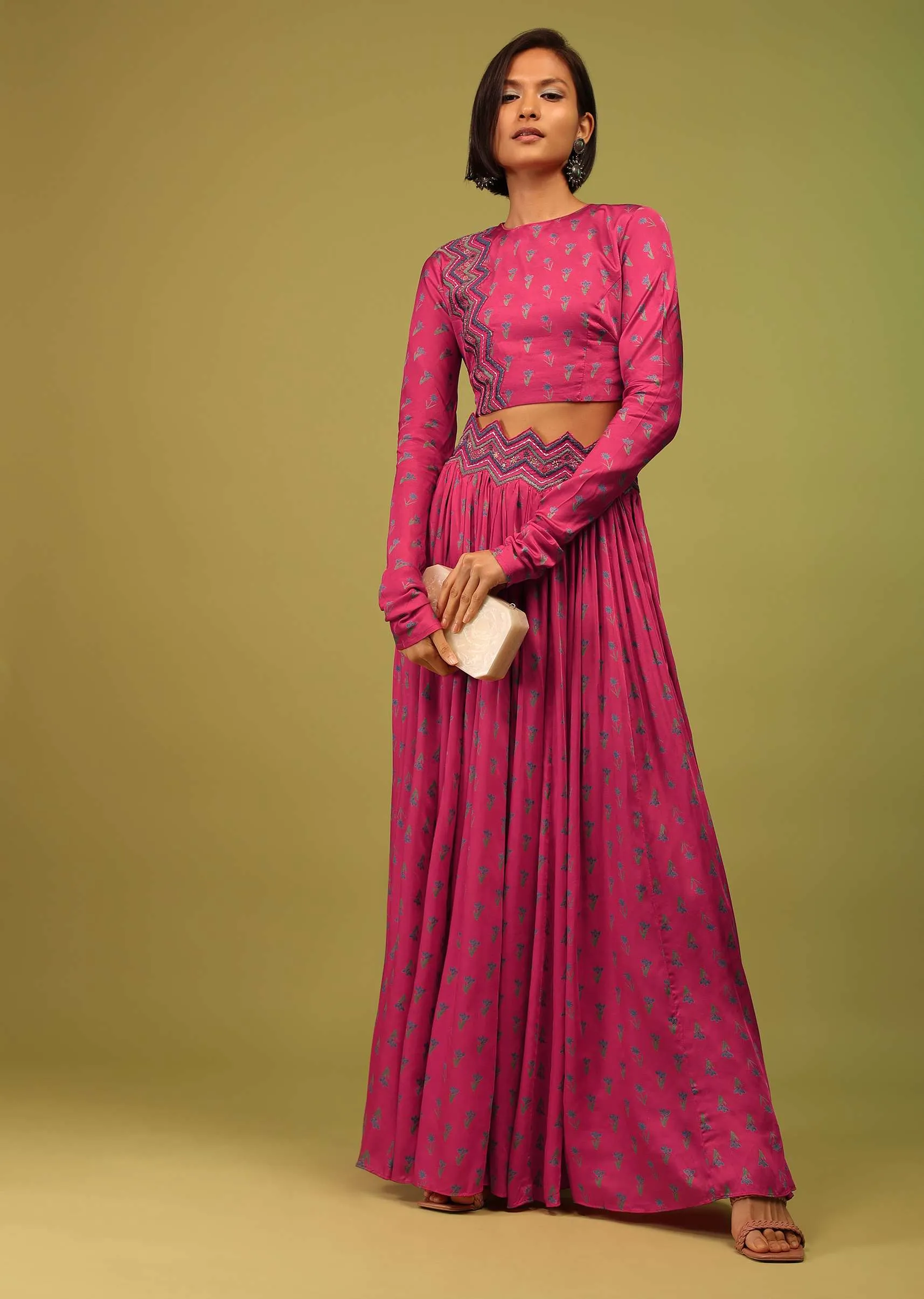 Azalea Pink Crop Top And Lehenga In Cotton Silk With Floral Print & Embroidery