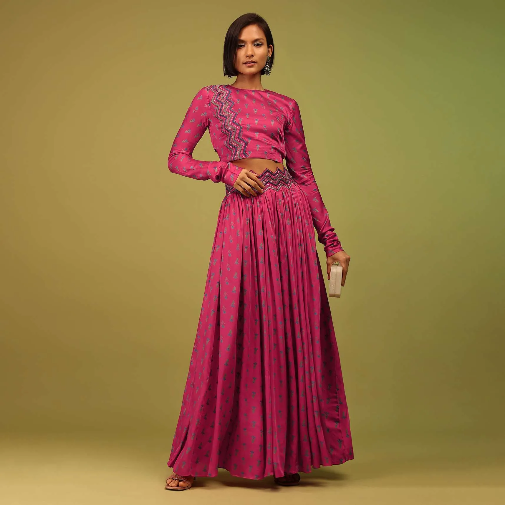 Azalea Pink Crop Top And Lehenga In Cotton Silk With Floral Print & Embroidery
