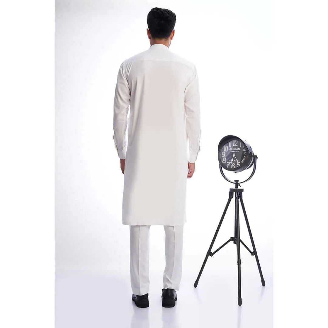 Basic Ivory IronEz Fabric White Kurta and Drawstring Trousers AI-EID-0007