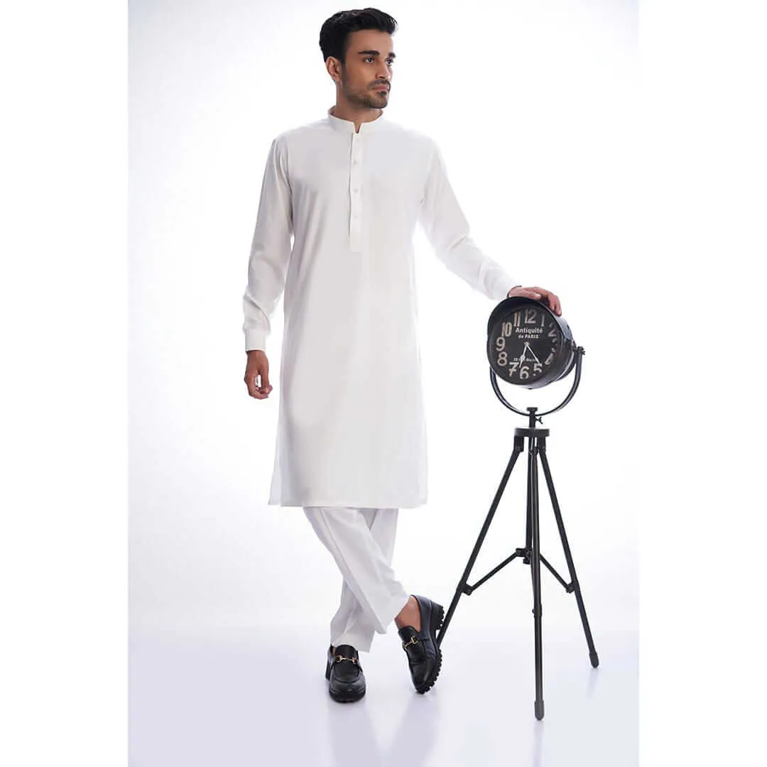 Basic Ivory IronEz Fabric White Kurta and Drawstring Trousers AI-EID-0007