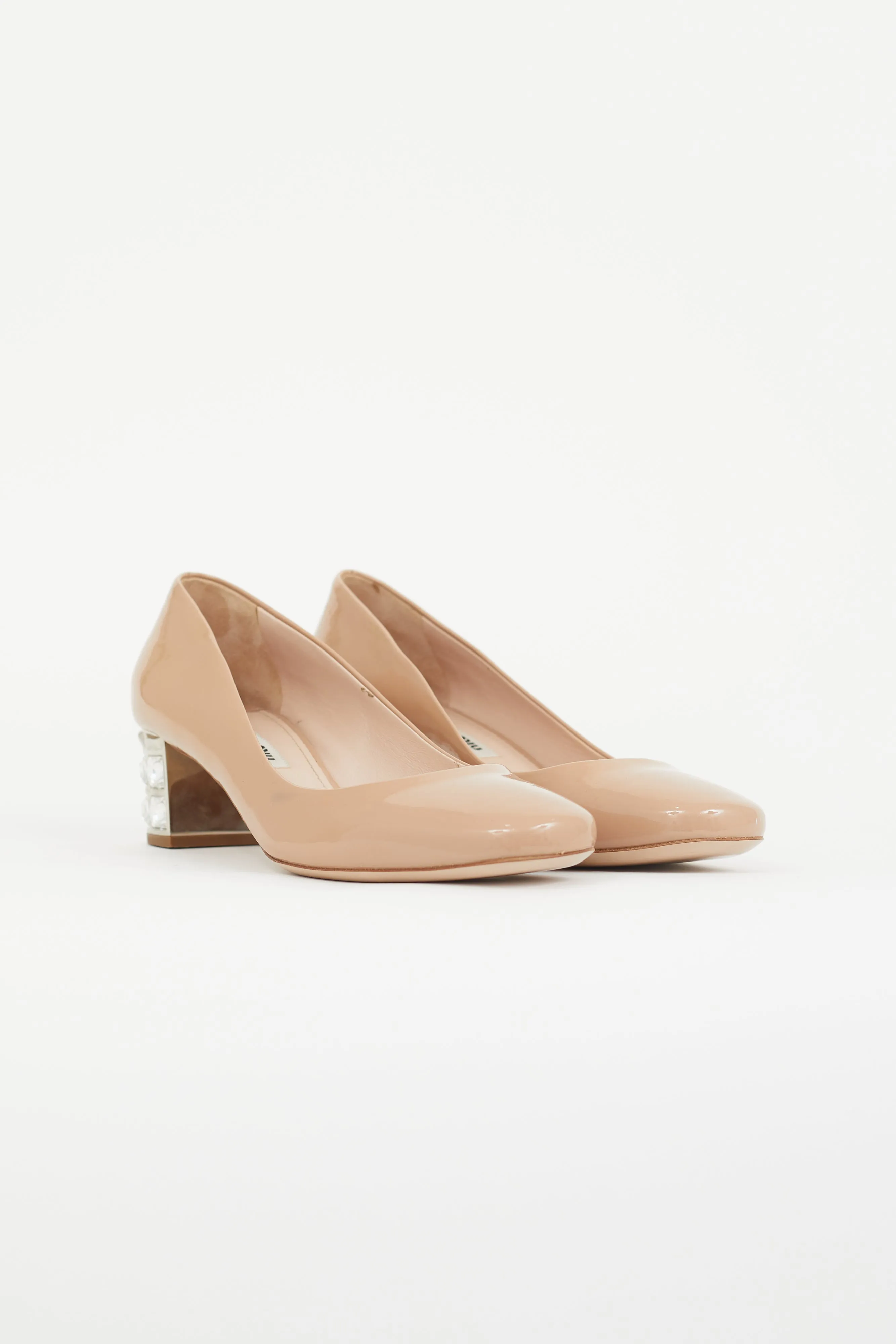 Beige Patent Crystal Block Heel