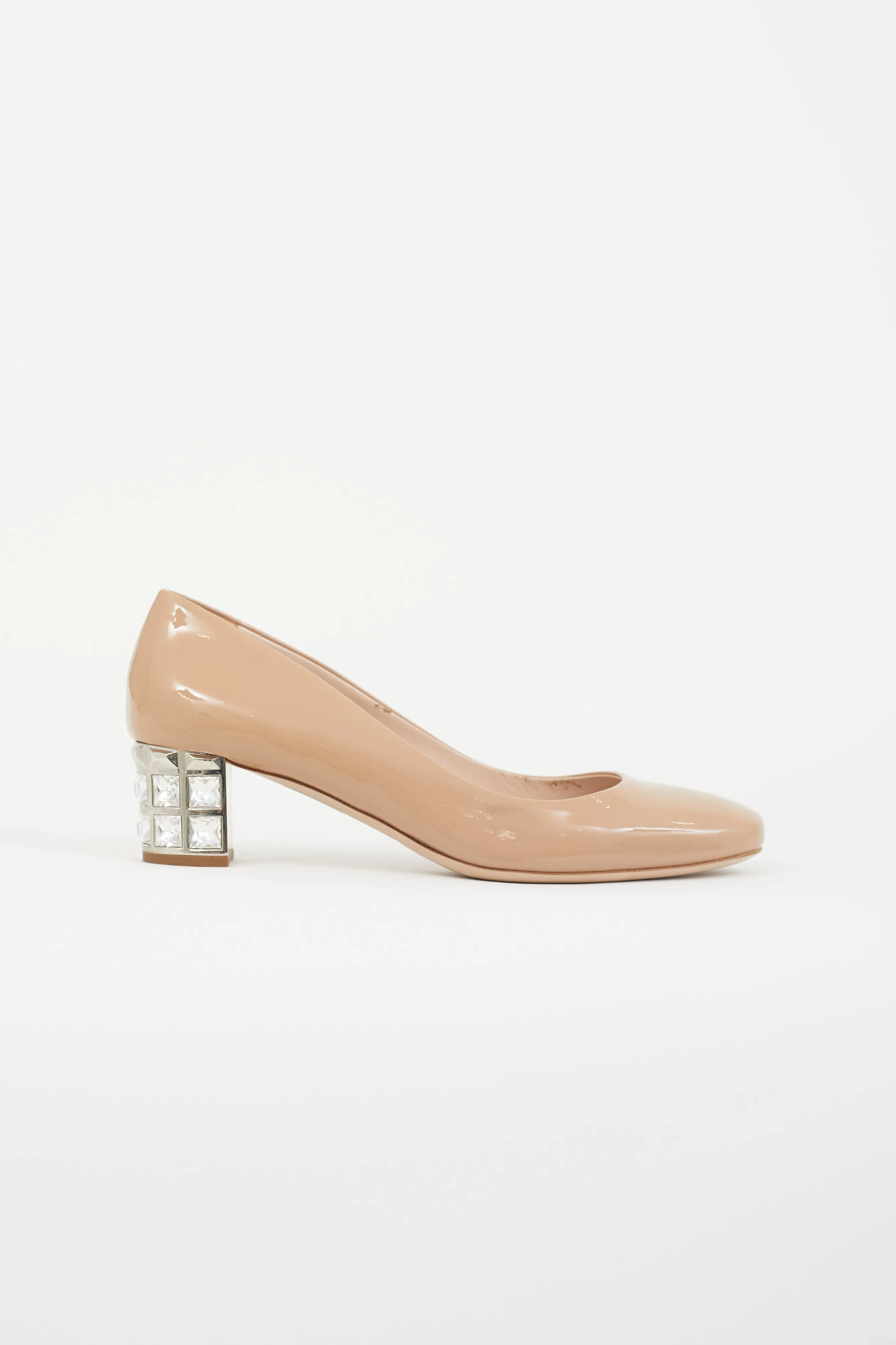 Beige Patent Crystal Block Heel