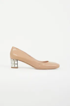 Beige Patent Crystal Block Heel