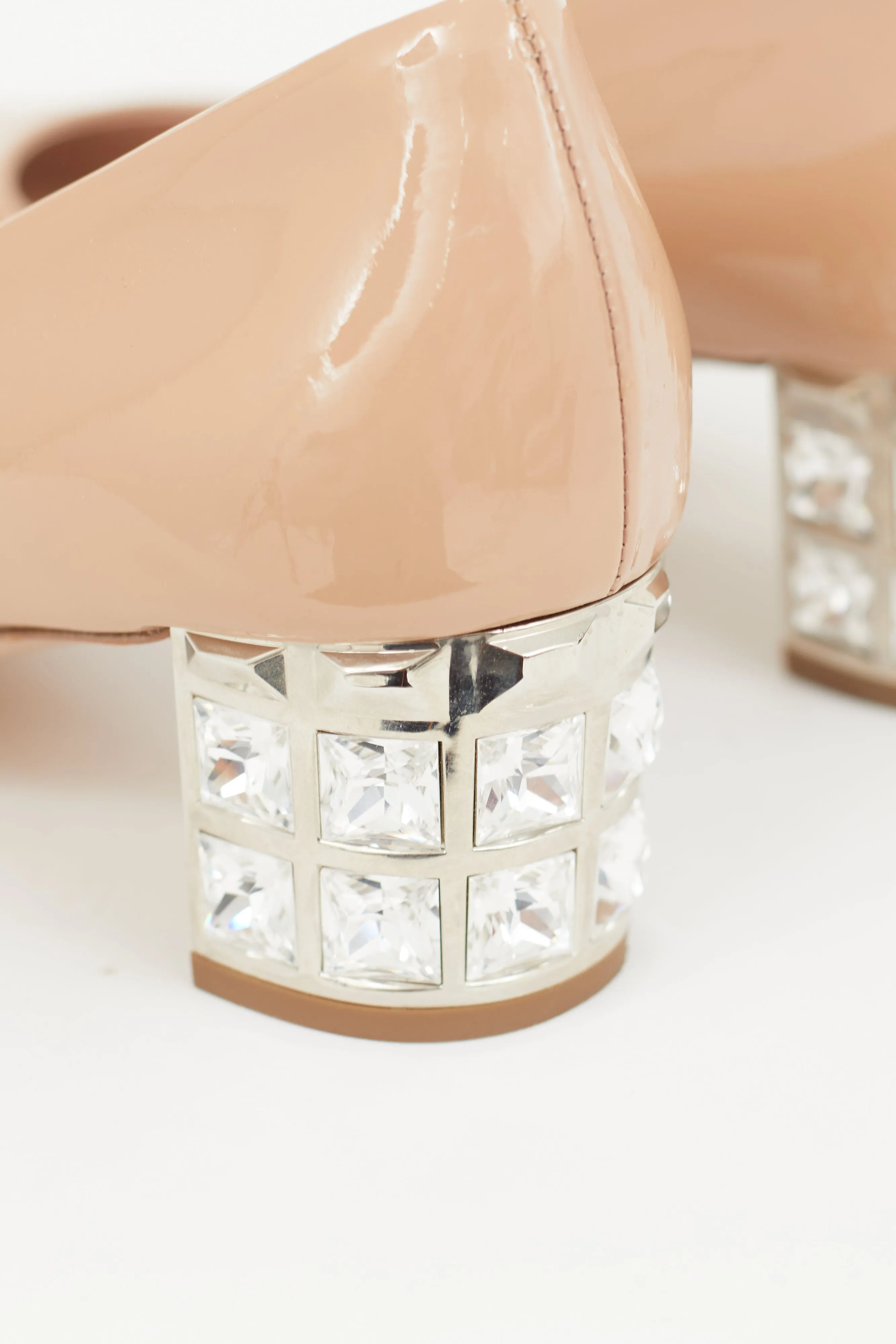 Beige Patent Crystal Block Heel