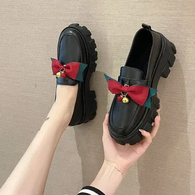 Black Bows Round Toe PU Leather Lolita Pumps