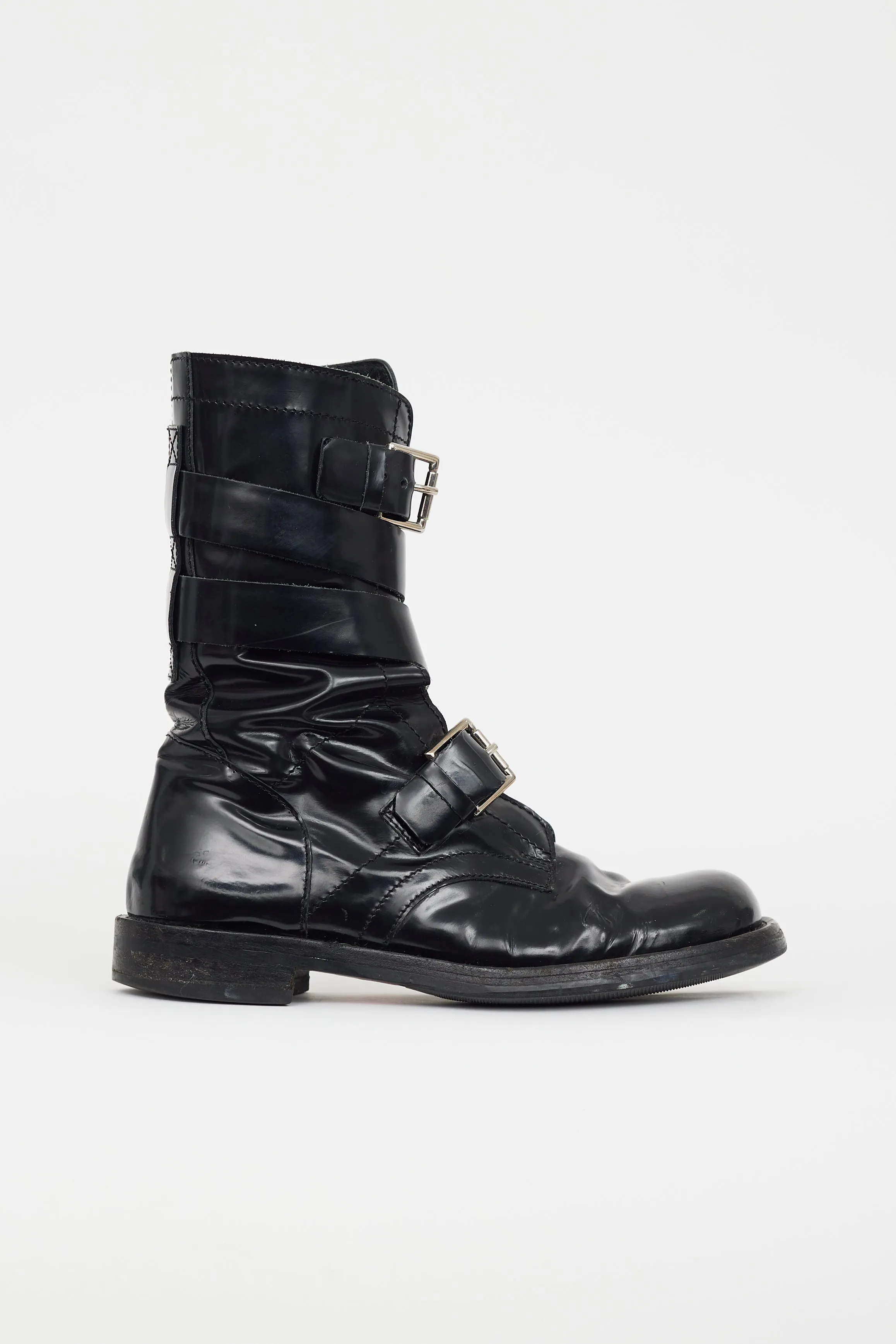 Black Patent Buckled Strap Boot