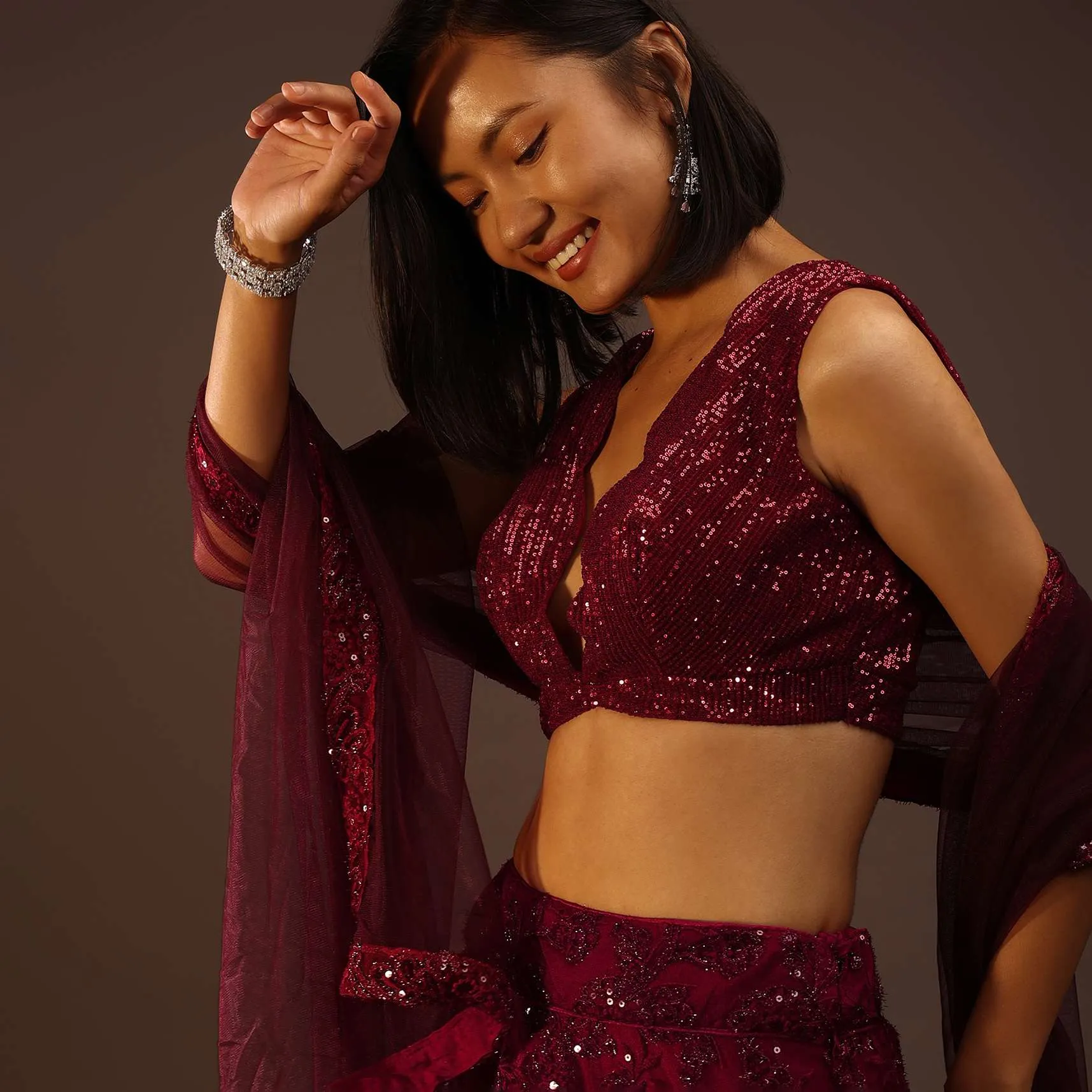 Chilli Pepper Sequins Sleeveless Blouse In A Scallop Plunging Neckline Back Zip Closure With A Curved Hemline