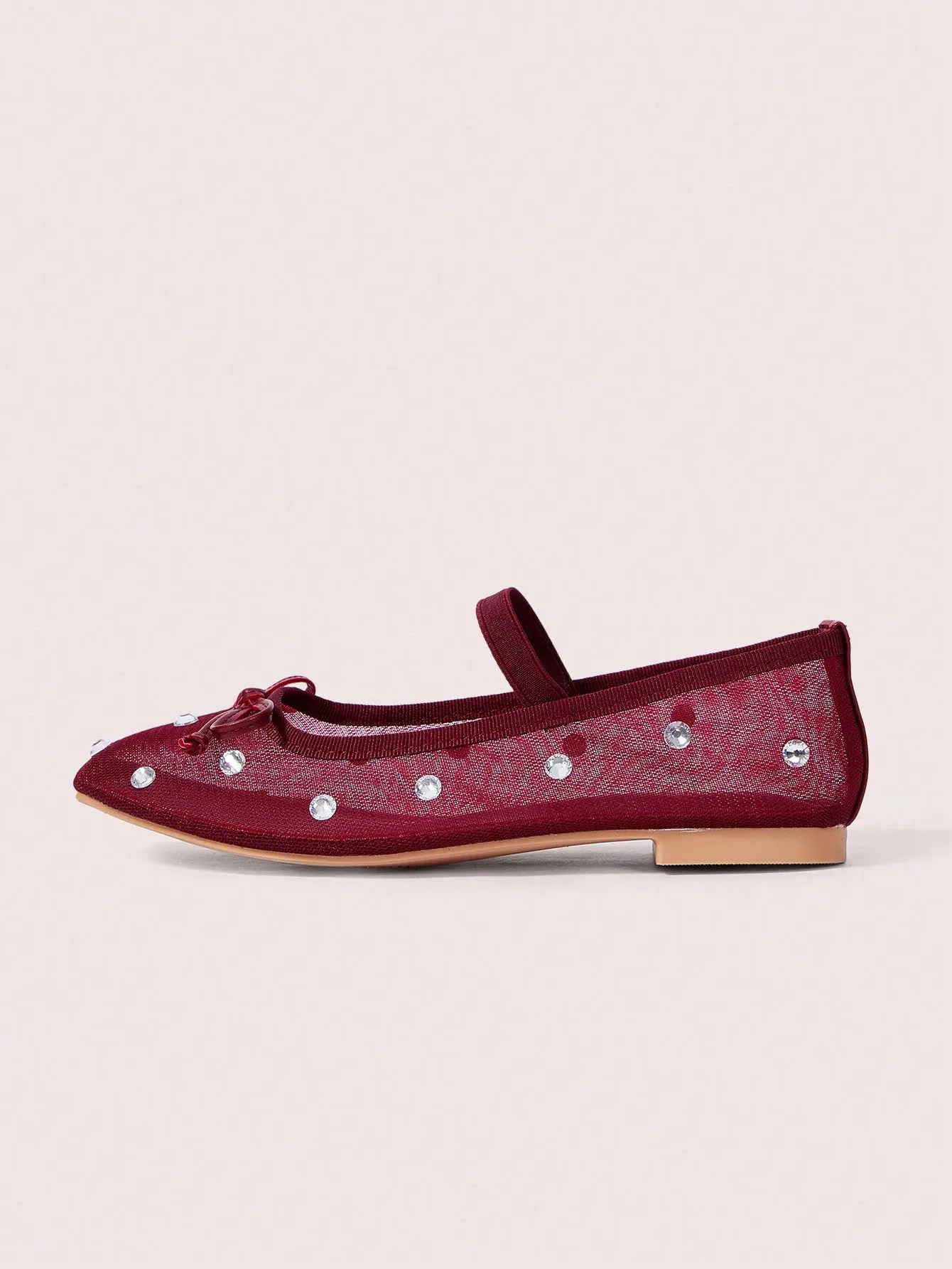 CUCCOO DOLLMOD Burgundy Mesh Rhinestone Bow Ballerina Flats Halloween Christmas Fall