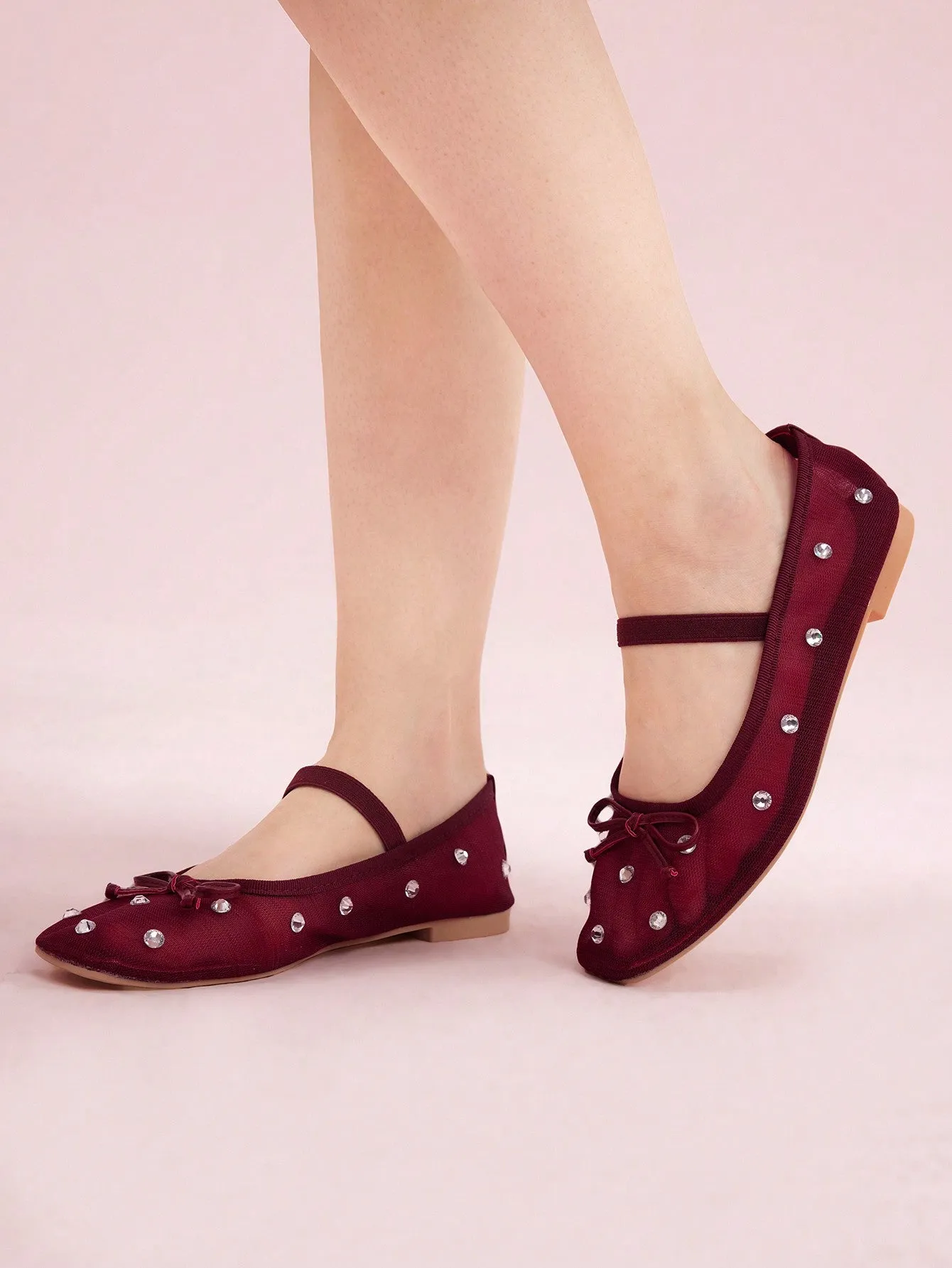 CUCCOO DOLLMOD Burgundy Mesh Rhinestone Bow Ballerina Flats Halloween Christmas Fall