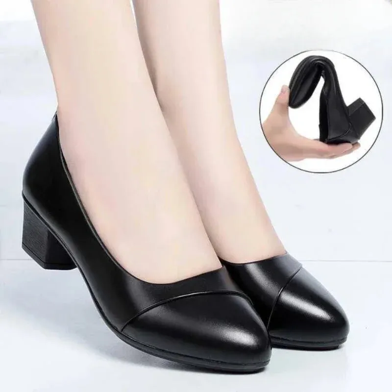 Fashion Women's High Heels - Patent Leather Work Shoes, Comfortable Square Heeled PU Leather Loafers, Talon Femme