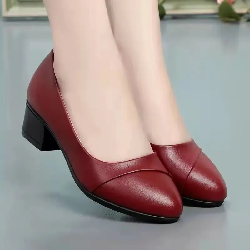 Fashion Women's High Heels - Patent Leather Work Shoes, Comfortable Square Heeled PU Leather Loafers, Talon Femme