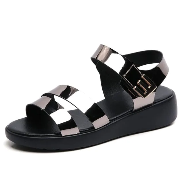 Flat Platform Golden Leather Comfort Casual Punk Lady Sandals