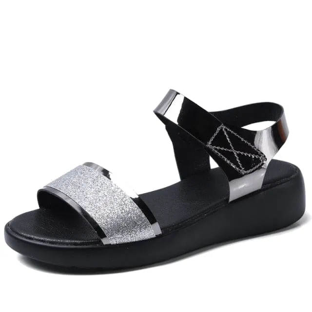 Flat Platform Golden Leather Comfort Casual Punk Lady Sandals