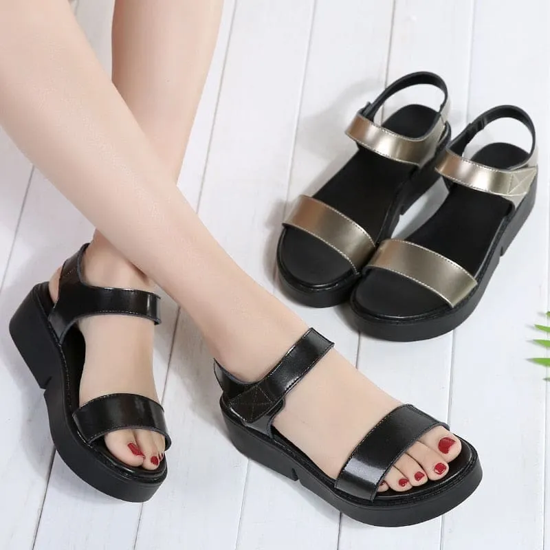 Flat Platform Golden Leather Comfort Casual Punk Lady Sandals