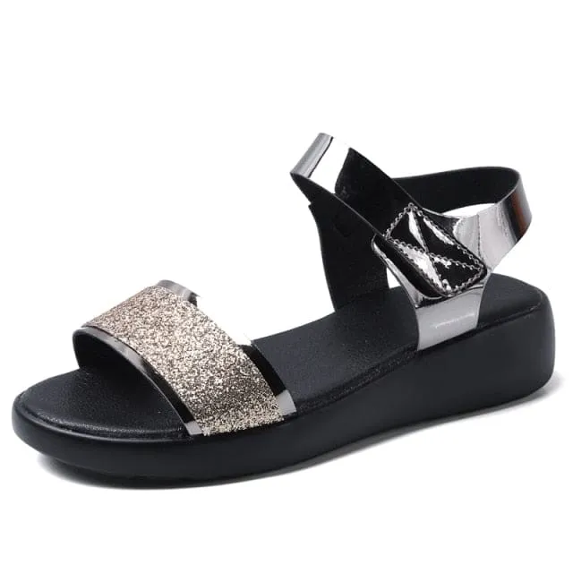 Flat Platform Golden Leather Comfort Casual Punk Lady Sandals