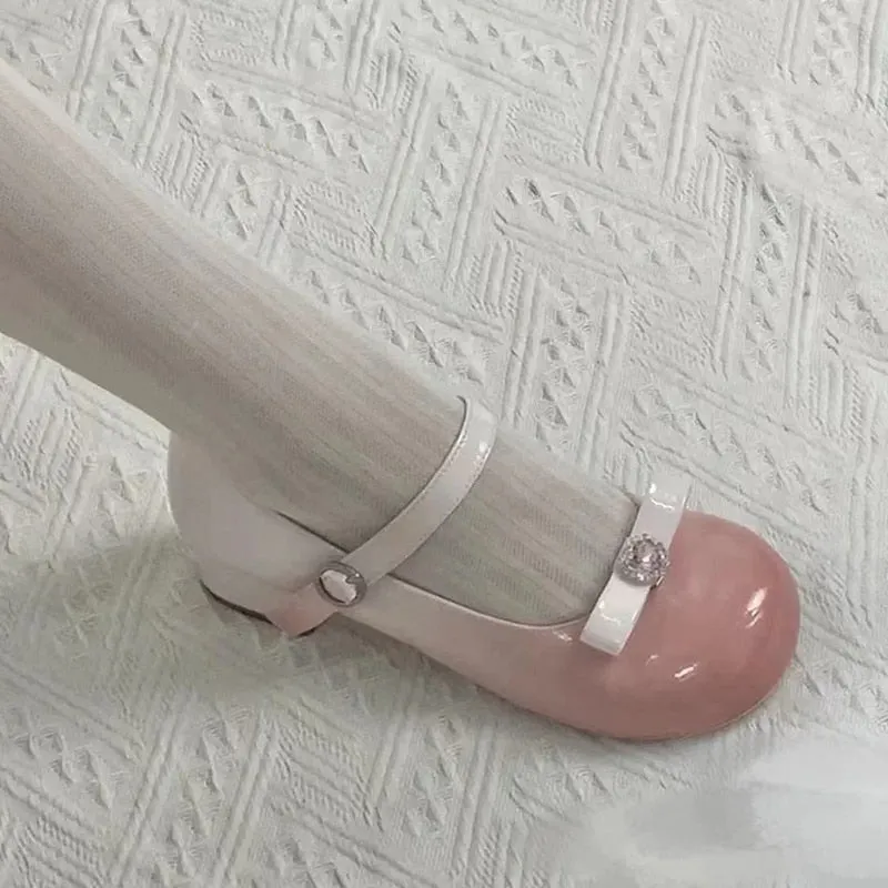 hulianfu Crystal Bowtie Pink Mary Jean Lolita Shoes Women  Spring Patent Leather Low Heels Pumps Woman Japan Round Toe Cosplay Shoes