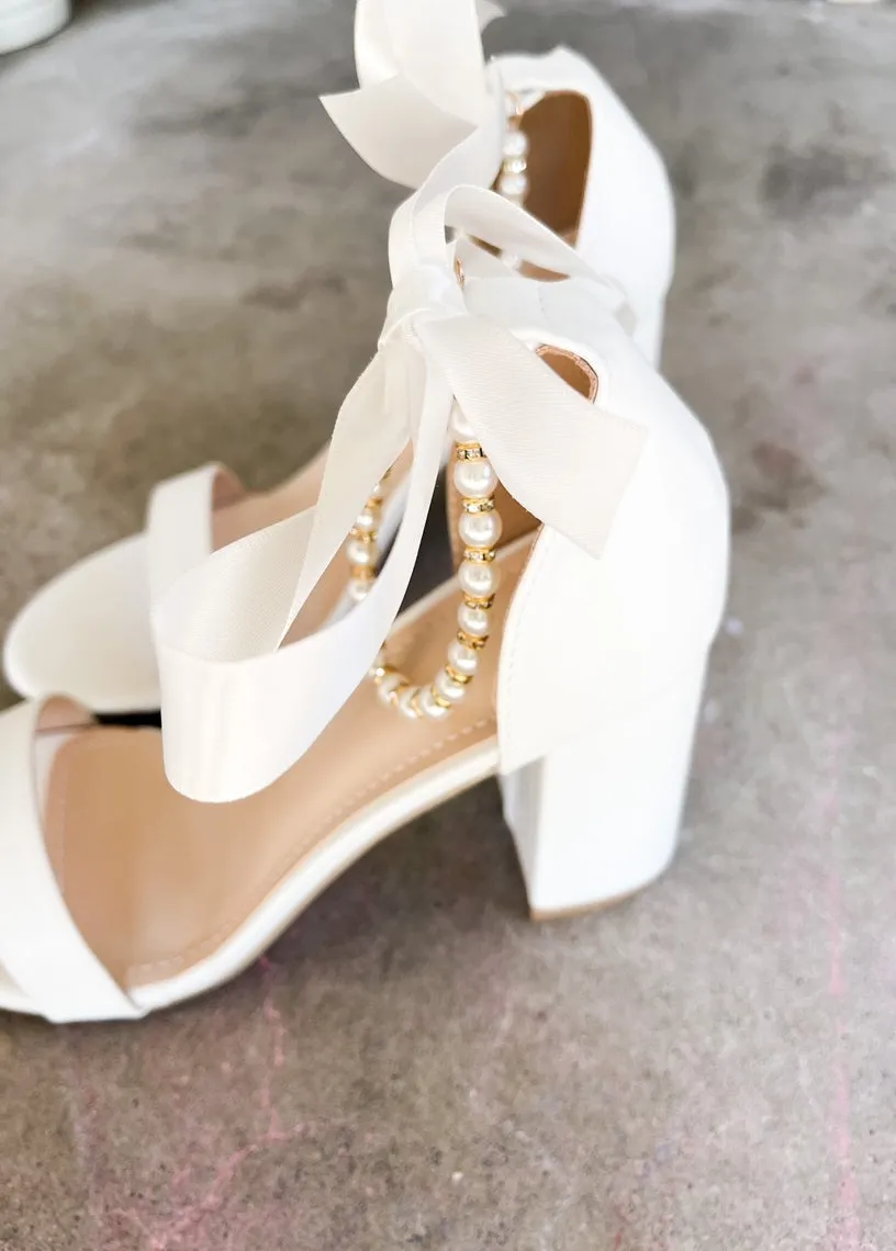 Trish Pearl Ankle Strap Heels in White