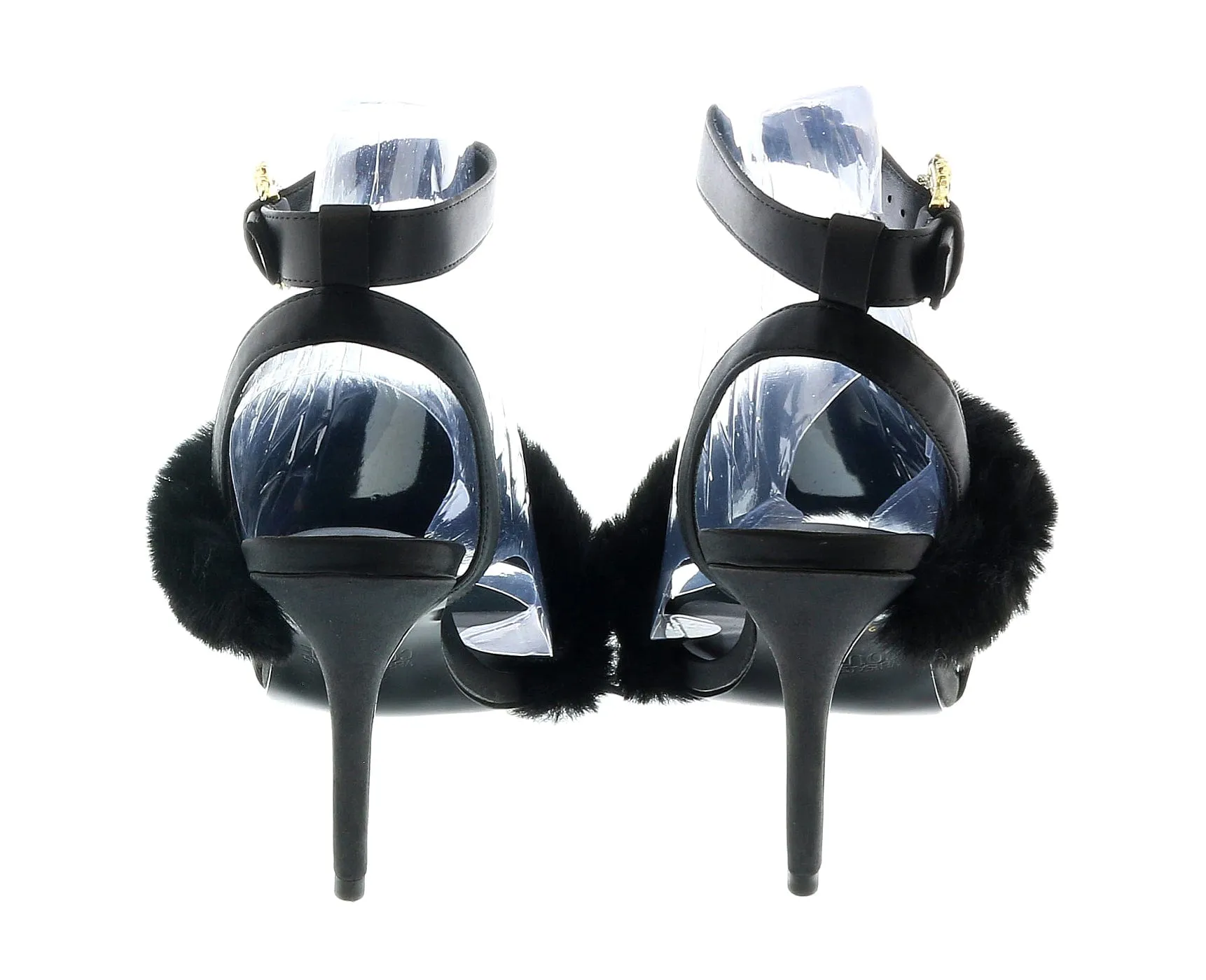 Versace Jeans Couture Baroque Buckle Faux Fur  Black Heeled Sandals-