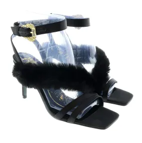Versace Jeans Couture Baroque Buckle Faux Fur  Black Heeled Sandals-