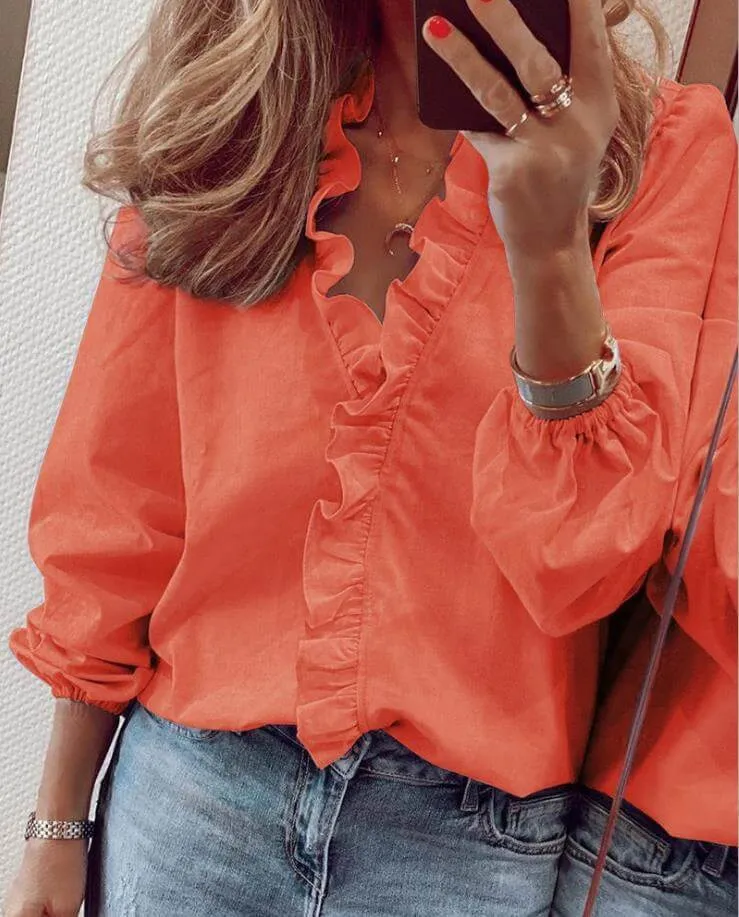 Women's V-Neck Ruffle Blouse: Elegant & Comfortable Top